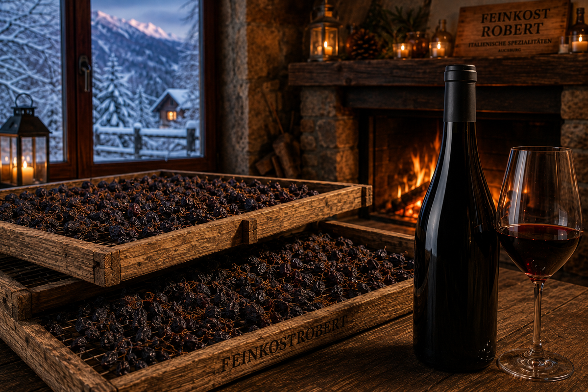 Amarone & Ripasso – Appassimento: getrocknete Trauben auf Holzgittern, Rotwein am Kamin