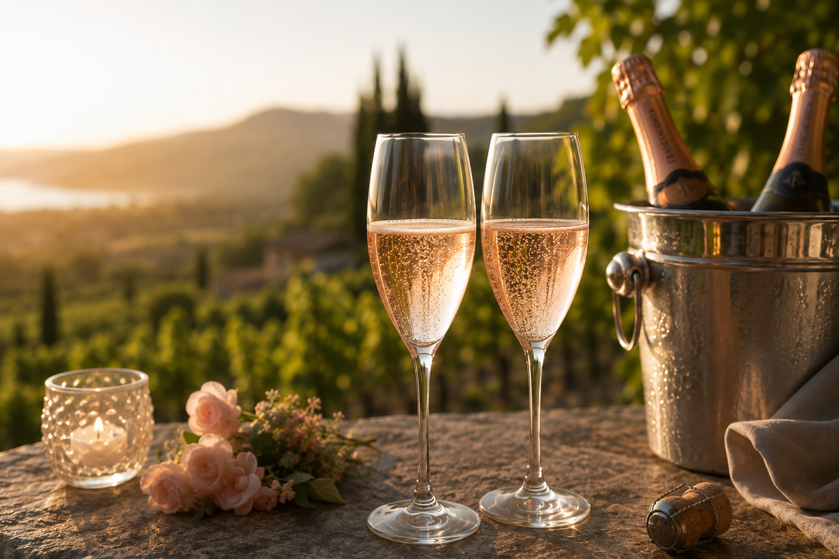 Franciacorta Rosé – zwei Gläser vor den Weinbergen der Franciacorta bei Sonnenuntergang